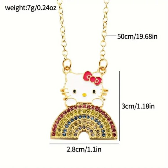 Hello Kitty Necklace Rhinestones Rainbow Pendant Gold Sanrio Rave Goth Emo Scene - Picture 2 of 2